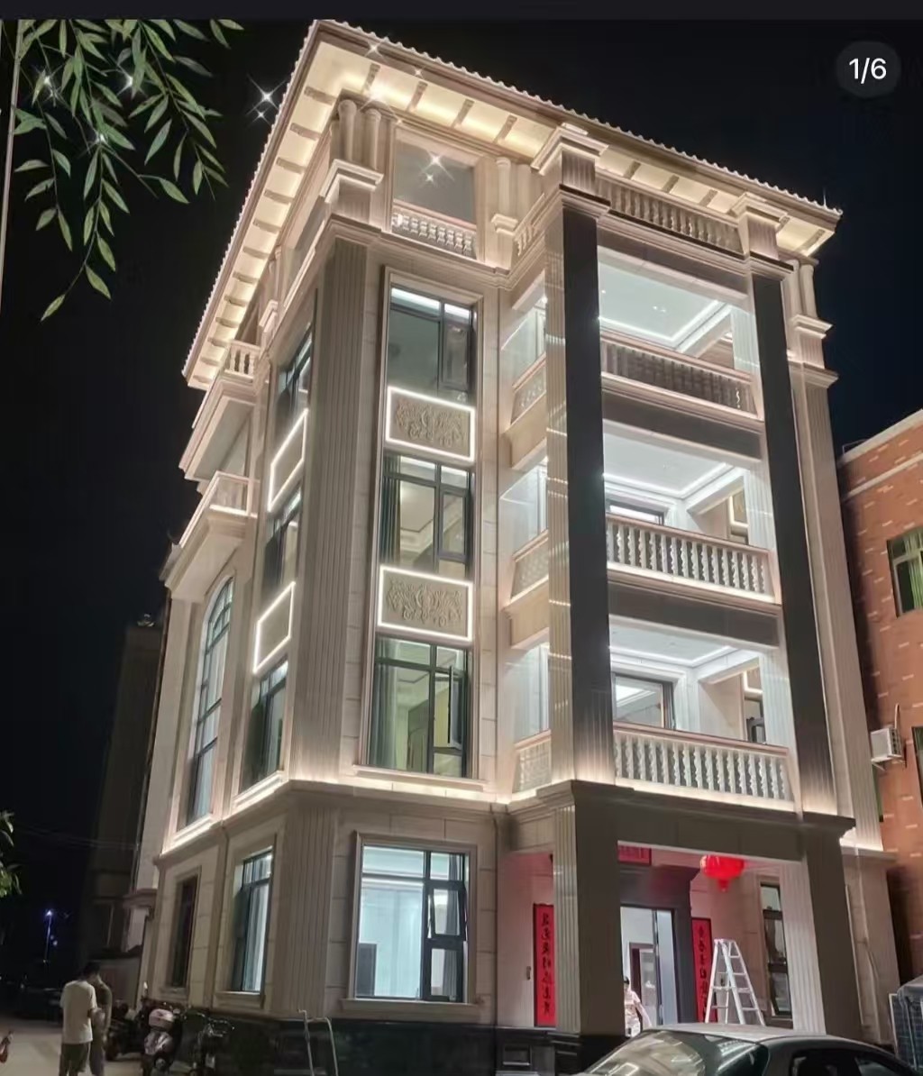 呼伦贝尔 芝麻白花岗岩别墅外墙夜间效果